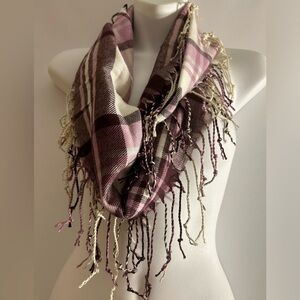 CHRISTOPHER & BANKS PINK/PURPLE/IVORY FRINGE PLAID INFINITY WRAP SCARF ACRYLIC